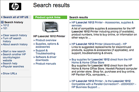 When Hewlett Packard’s search engine senses a product search, it automatically displays product-related content types (for example, “Software & driver downloads”) in the center of the page, while raw search results are displayed to the right.